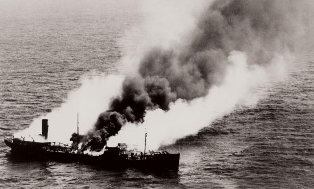  SS Harry F. Sinclair erupts in flames after being torpedoed by U-203